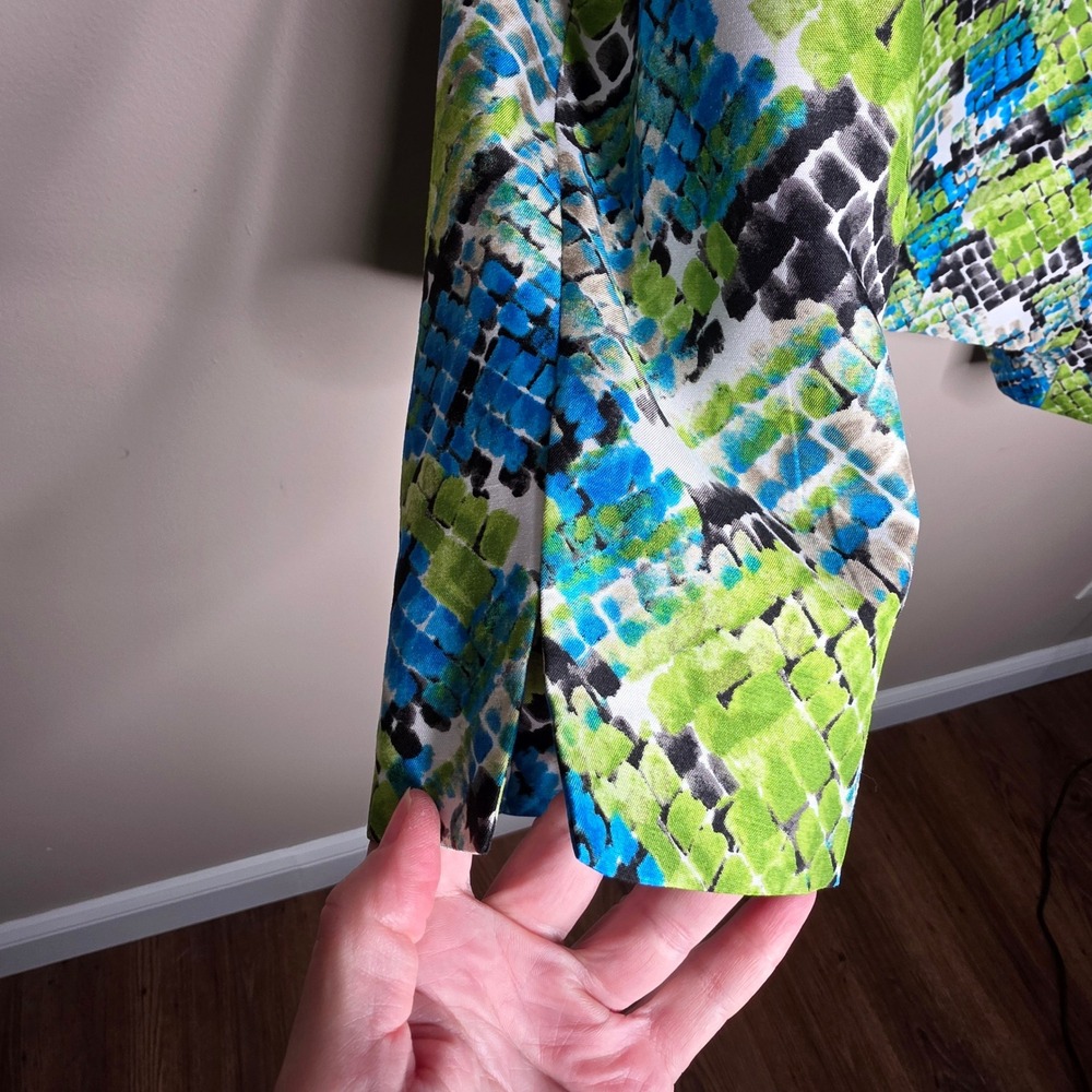 Kasper Blazer Jacket Womens 14 Green Blue Abstract Open Front Office Professiona - Picture 2 of 8